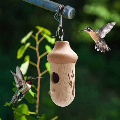 Hummingbird House with Resin Construction and Wood Grain Finish, Hanging Garden Décor