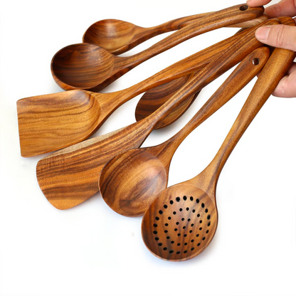 Teak Wood Cooking Utensil Set with Heat-Resistant Handles for Nonstick Cookware, 8-Piece