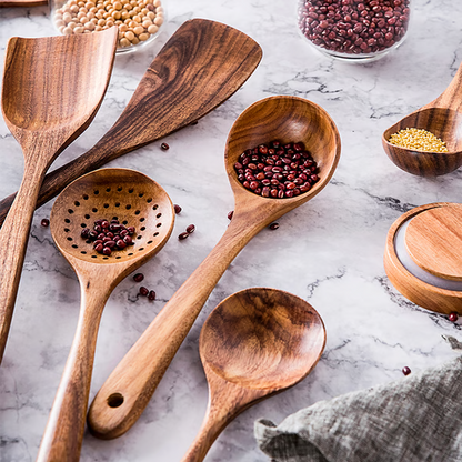 Teak Wood Cooking Utensil Set with Heat-Resistant Handles for Nonstick Cookware, 8-Piece