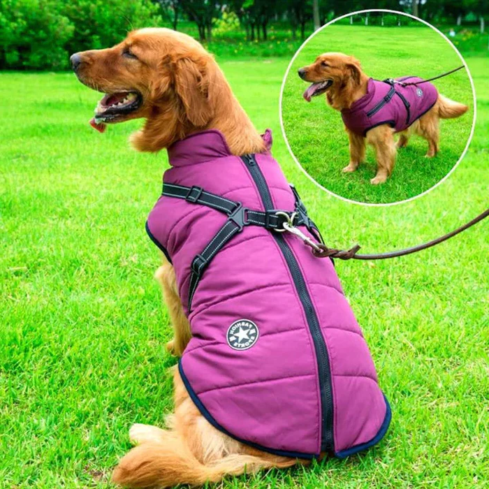 Insulated Dog Jacket with Built-in Harness and Reflective Strips, Sherpa Fleece Lining