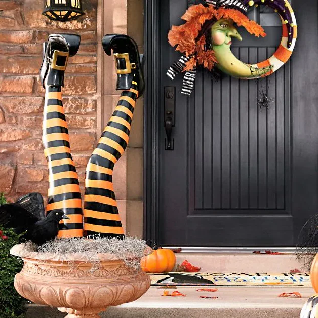 Witch Leg Stakes for Halloween Yard Decoration with Striped Design, Set of 2