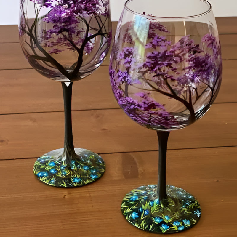 Hand Painted Wine Glasses with Seasonal Tree Design, 12 Ounce Capacity