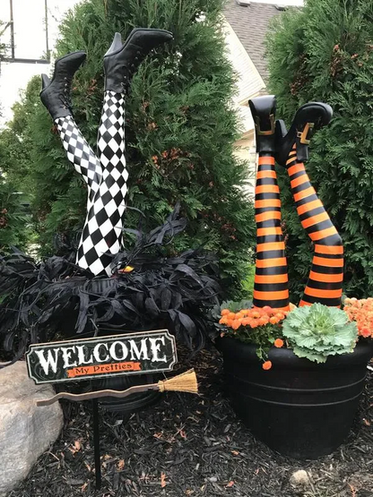 Witch Leg Stakes for Halloween Yard Decoration with Striped Design, Set of 2