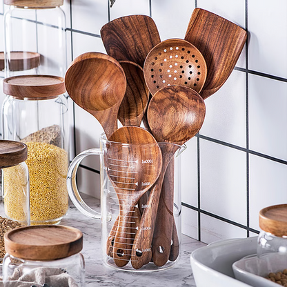 Teak Wood Cooking Utensil Set with Heat-Resistant Handles for Nonstick Cookware, 8-Piece