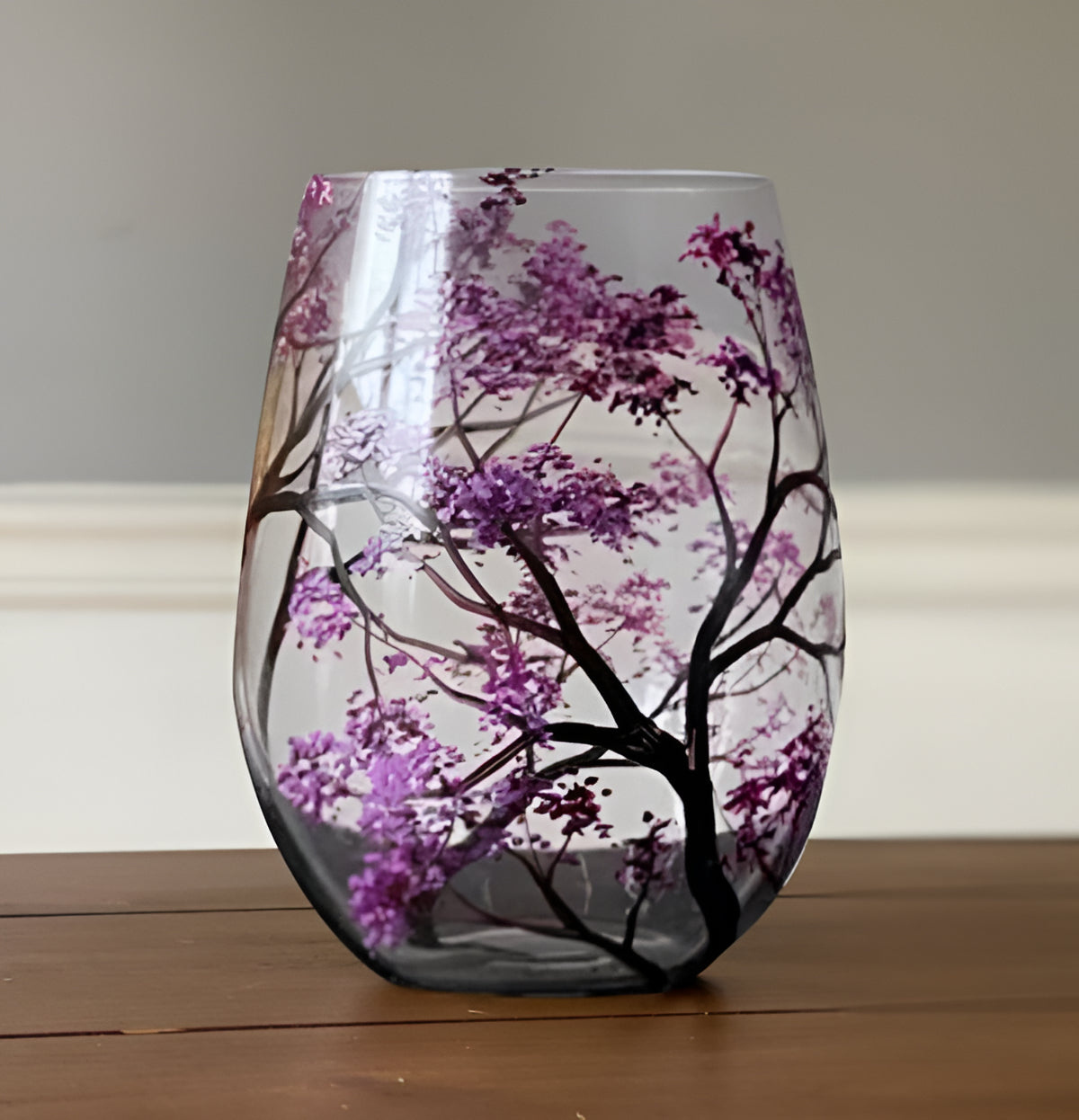 Hand Painted Wine Glasses with Seasonal Tree Design, 12 Ounce Capacity