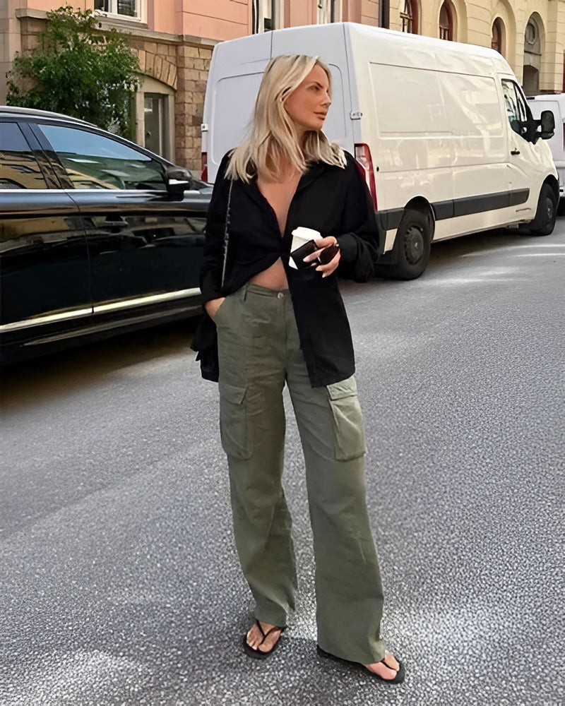 Cargo Pants with Multiple Pockets and Adjustable Waist Belt, Loose Fit