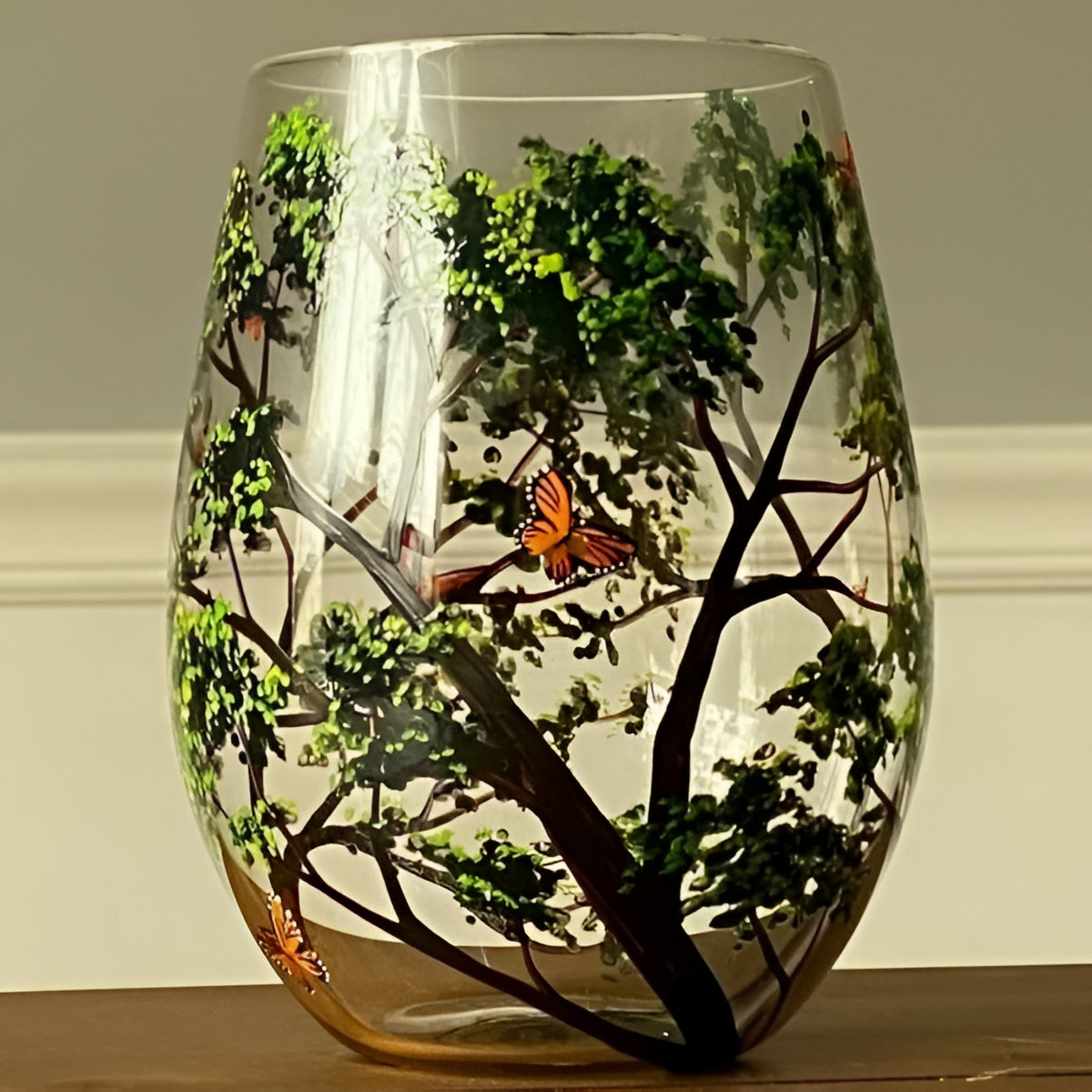 Hand Painted Wine Glasses with Seasonal Tree Design, 12 Ounce Capacity