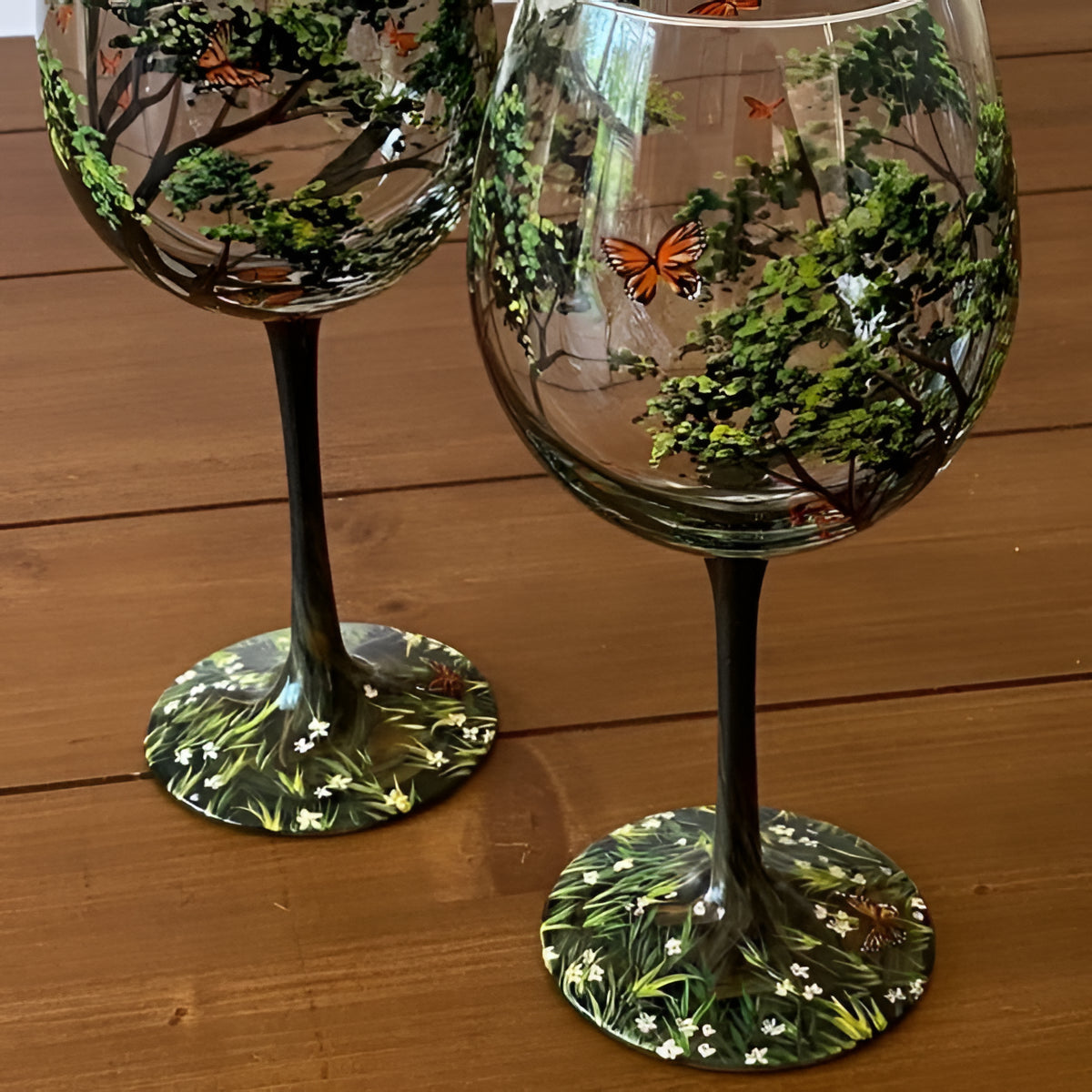 Hand Painted Wine Glasses with Seasonal Tree Design, 12 Ounce Capacity