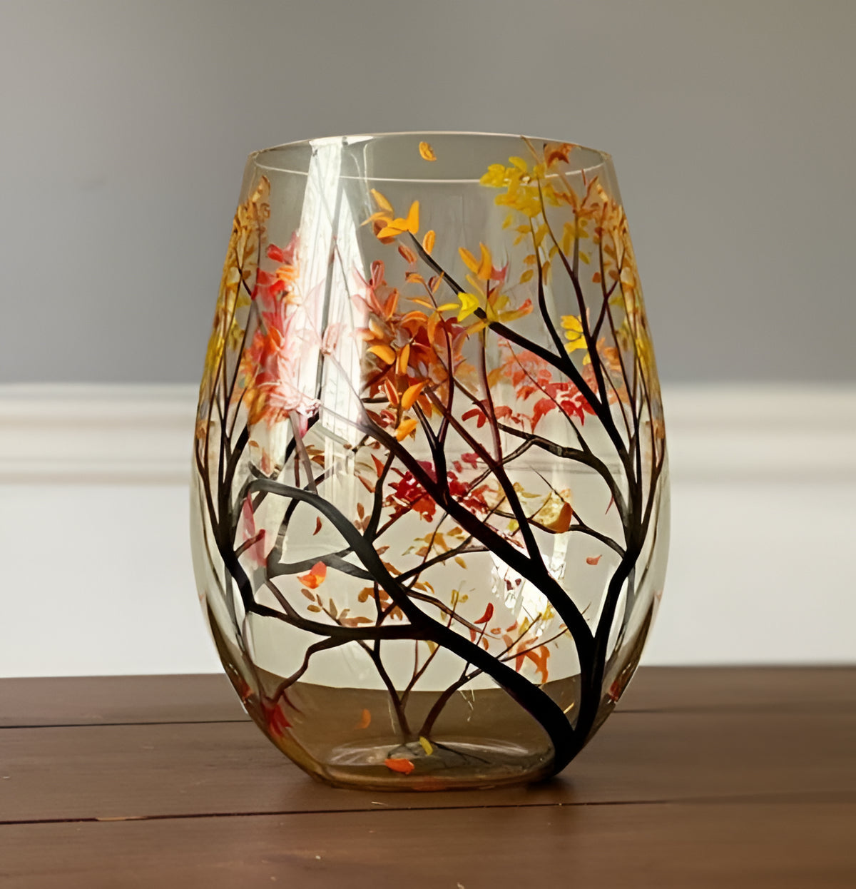 Hand Painted Wine Glasses with Seasonal Tree Design, 12 Ounce Capacity