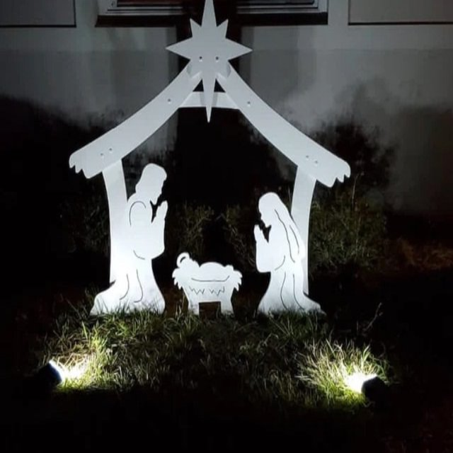 Four Piece Outdoor Christmas Nativity Set with Stable, Mary, Joseph and Baby Jesus in Thick PVC Plastic