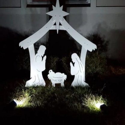 Four Piece Outdoor Christmas Nativity Set with Stable, Mary, Joseph and Baby Jesus in Thick PVC Plastic