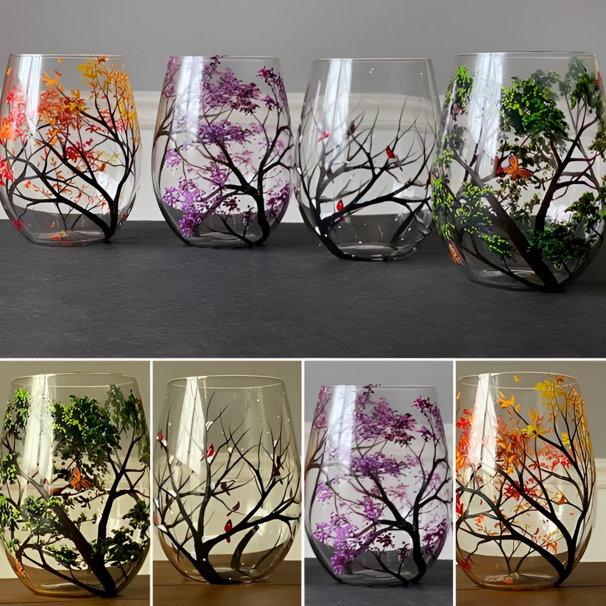 Hand Painted Wine Glasses with Seasonal Tree Design, 12 Ounce Capacity