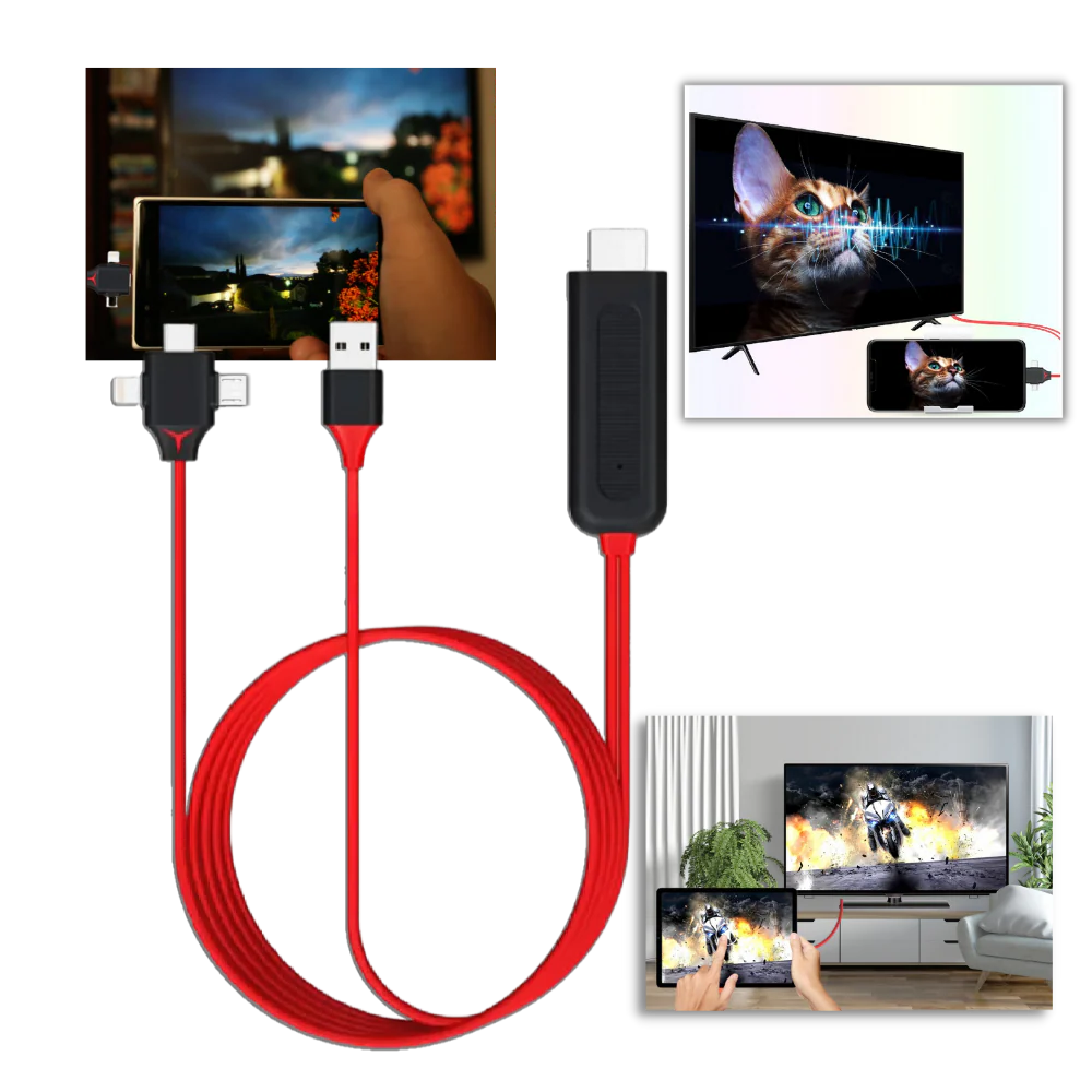 Phone to TV HDMI Cable with Lightning, Type C and Micro Tips