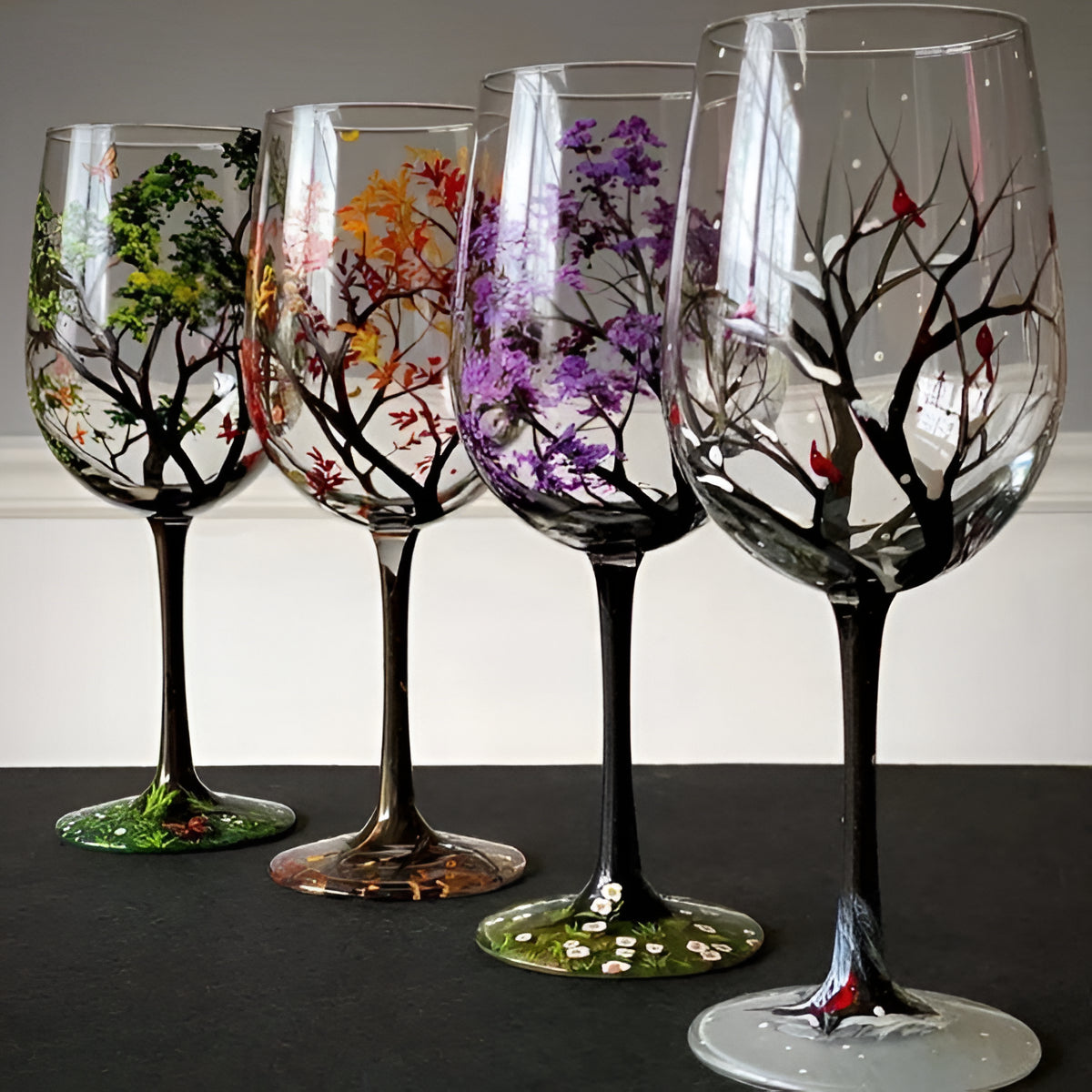 Hand Painted Wine Glasses with Seasonal Tree Design, 12 Ounce Capacity