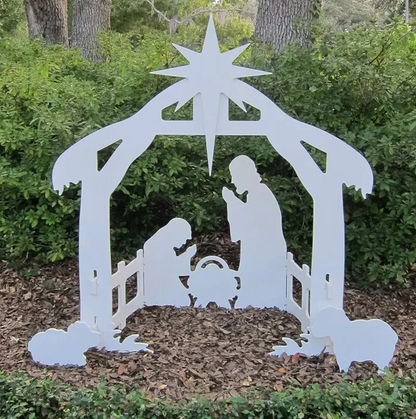 Four Piece Outdoor Christmas Nativity Set with Stable, Mary, Joseph and Baby Jesus in Thick PVC Plastic