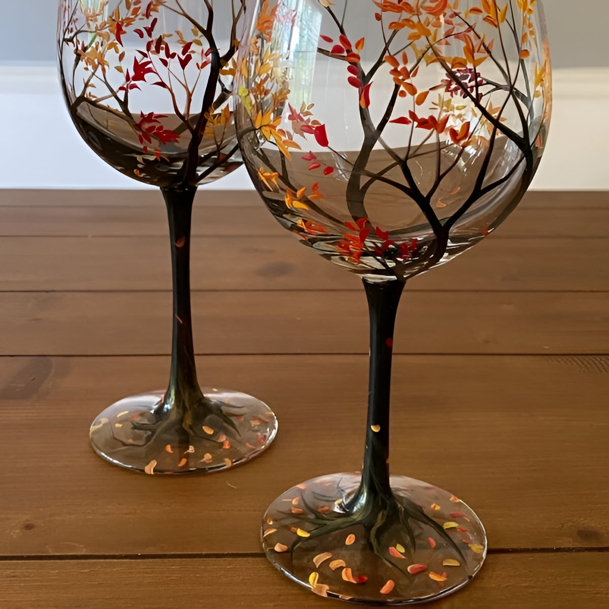 Hand Painted Wine Glasses with Seasonal Tree Design, 12 Ounce Capacity
