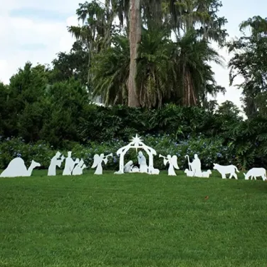 Four Piece Outdoor Christmas Nativity Set with Stable, Mary, Joseph and Baby Jesus in Thick PVC Plastic