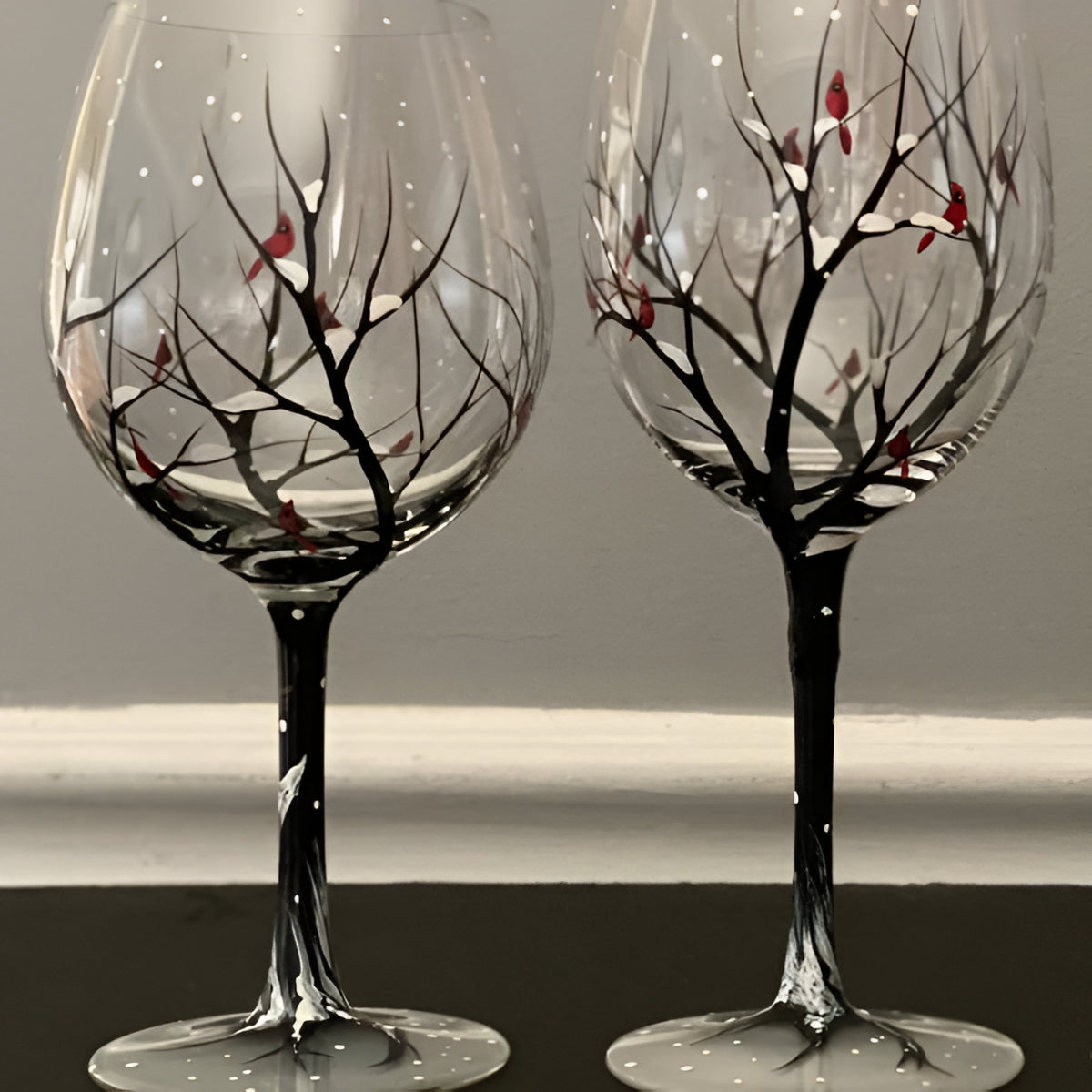 Hand Painted Wine Glasses with Seasonal Tree Design, 12 Ounce Capacity