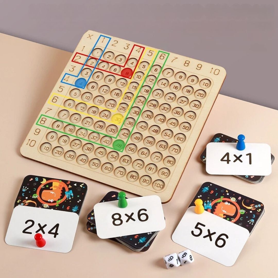 Wooden Math Learning Game with Number Chips and Visual Board for Counting, Addition and Multiplication