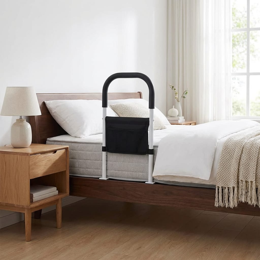 Steel Bedside Support Handle with Padded Hand Grip and Strap Mount for Home Bedrooms