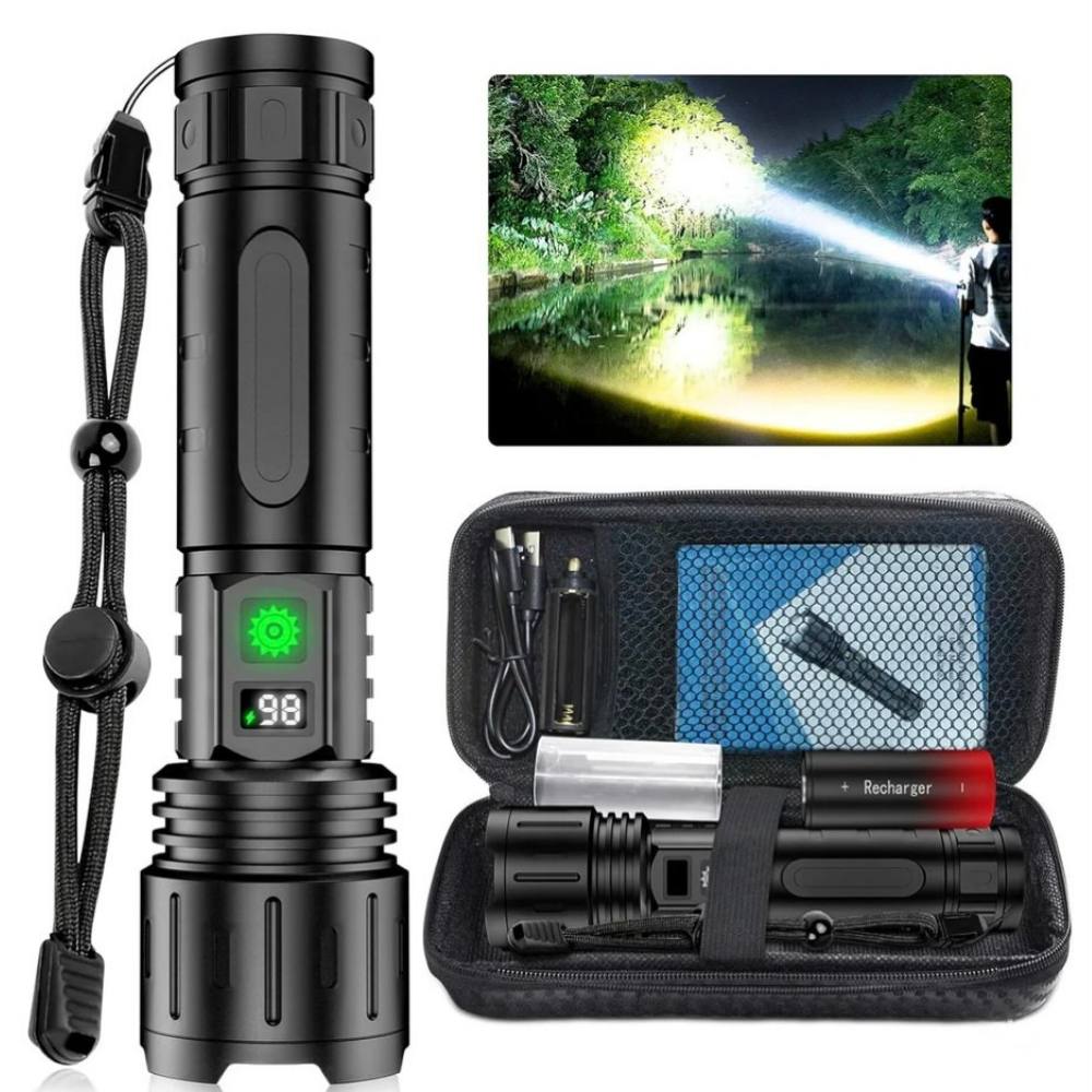 Rechargeable Flashlight with 100000 Lumen Output and Adjustable Beam Focus