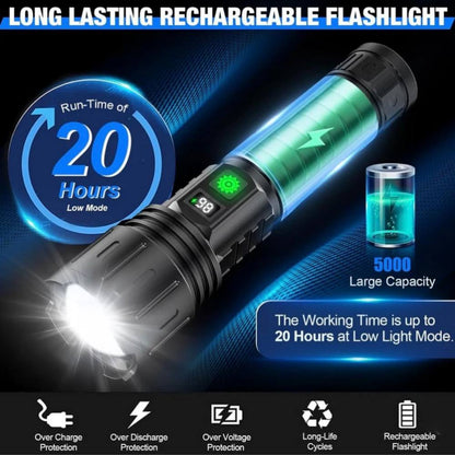 Rechargeable Flashlight with 100000 Lumen Output and Adjustable Beam Focus