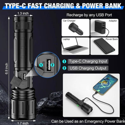Rechargeable Flashlight with 100000 Lumen Output and Adjustable Beam Focus