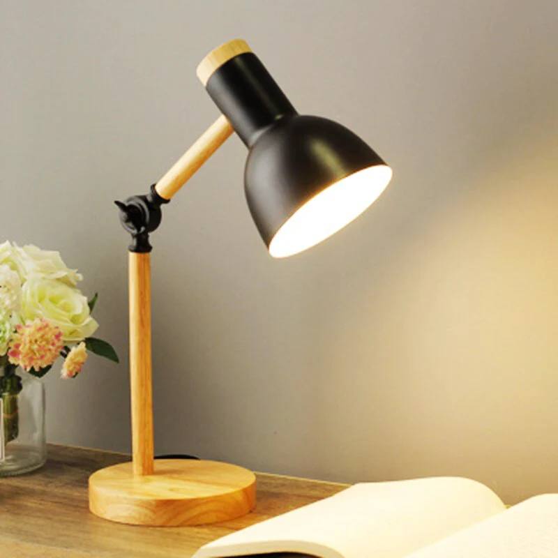 LED Desk Lamp with Touch Dimming and Adjustable Arm, Wooden Base