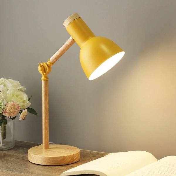 LED Desk Lamp with Touch Dimming and Adjustable Arm, Wooden Base