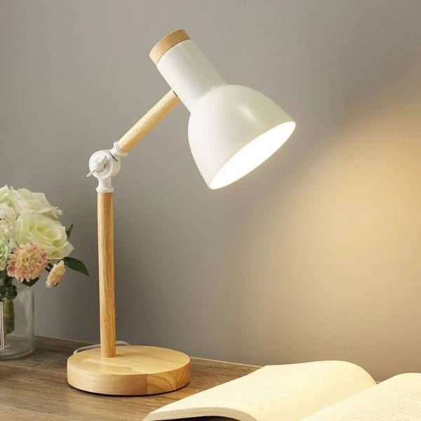 LED Desk Lamp with Touch Dimming and Adjustable Arm, Wooden Base