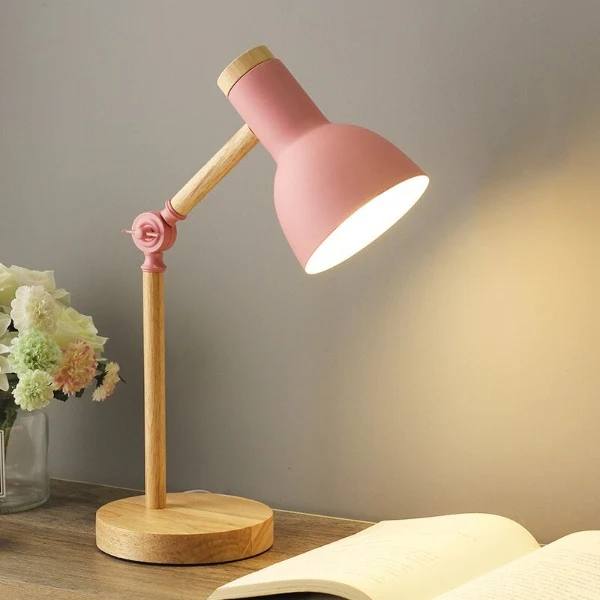 LED Desk Lamp with Touch Dimming and Adjustable Arm, Wooden Base