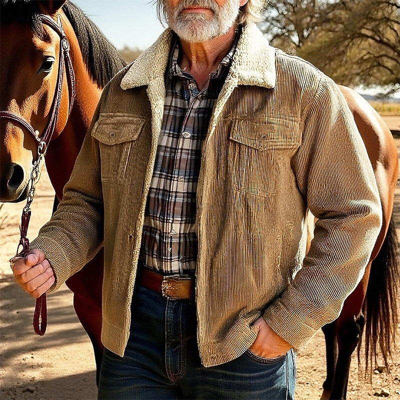 Relaxed Fit Jacket with Fleece Lined Collar and Ribbed Texture, Multiple Pockets