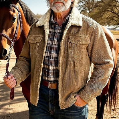 Relaxed Fit Jacket with Fleece Lined Collar and Ribbed Texture, Multiple Pockets