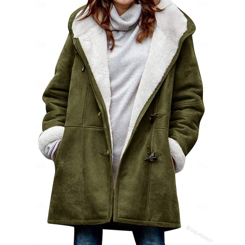 Insulated Hooded Winter Coat with Button Front and Adjustable Hood