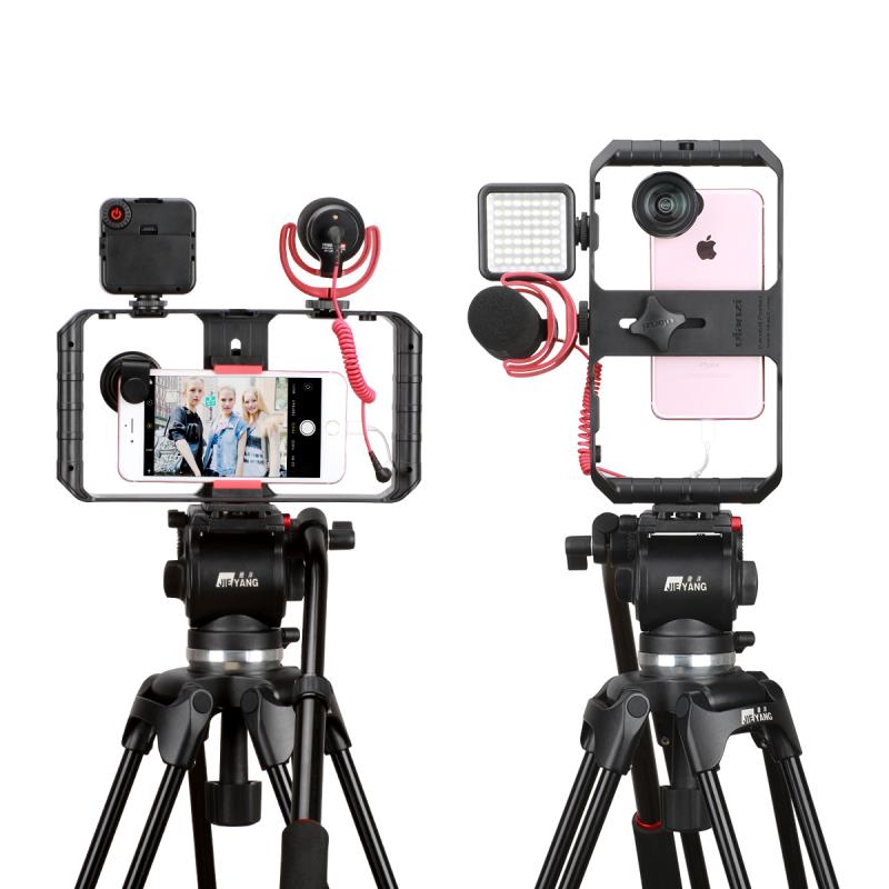 Smartphone Video Rig with Triple Cold Shoe Mounts and Rotatable Phone Clip