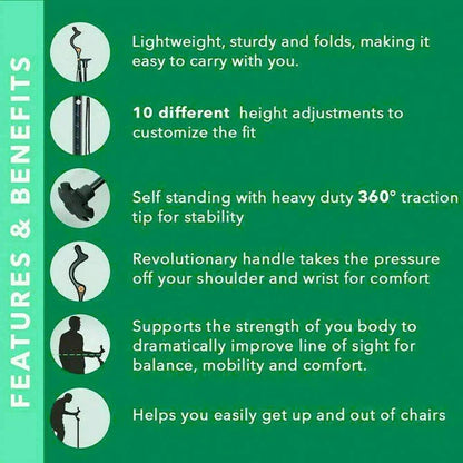 Adjustable Walking Stick with Ergonomic Handle and 360 Rotating Tip, 12 Height Settings