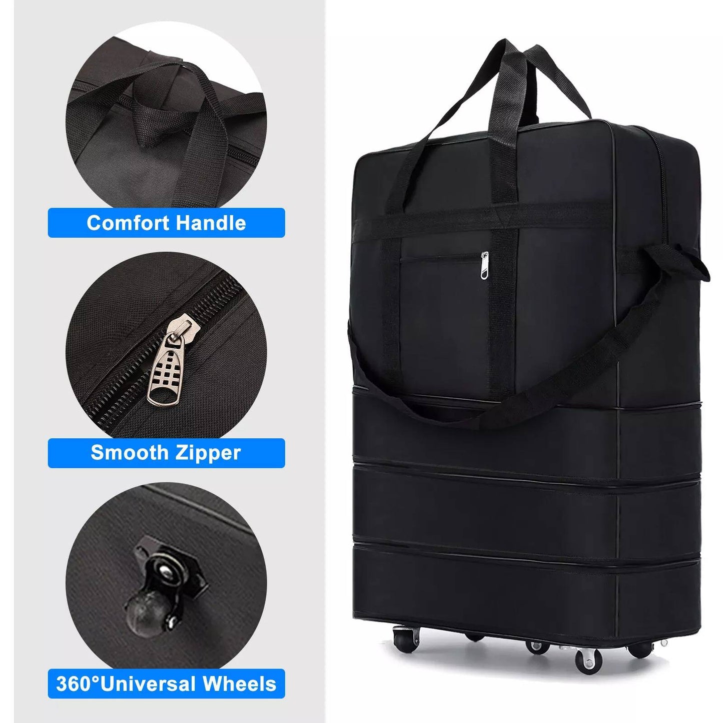 Rolling Duffle Bag with Five-Wheel System and Expandable Storage for Travel