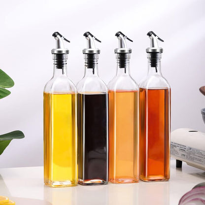 Glass Oil and Vinegar Cruet Set with Lever Release Spout and Airtight Stoppers, 4-Pack