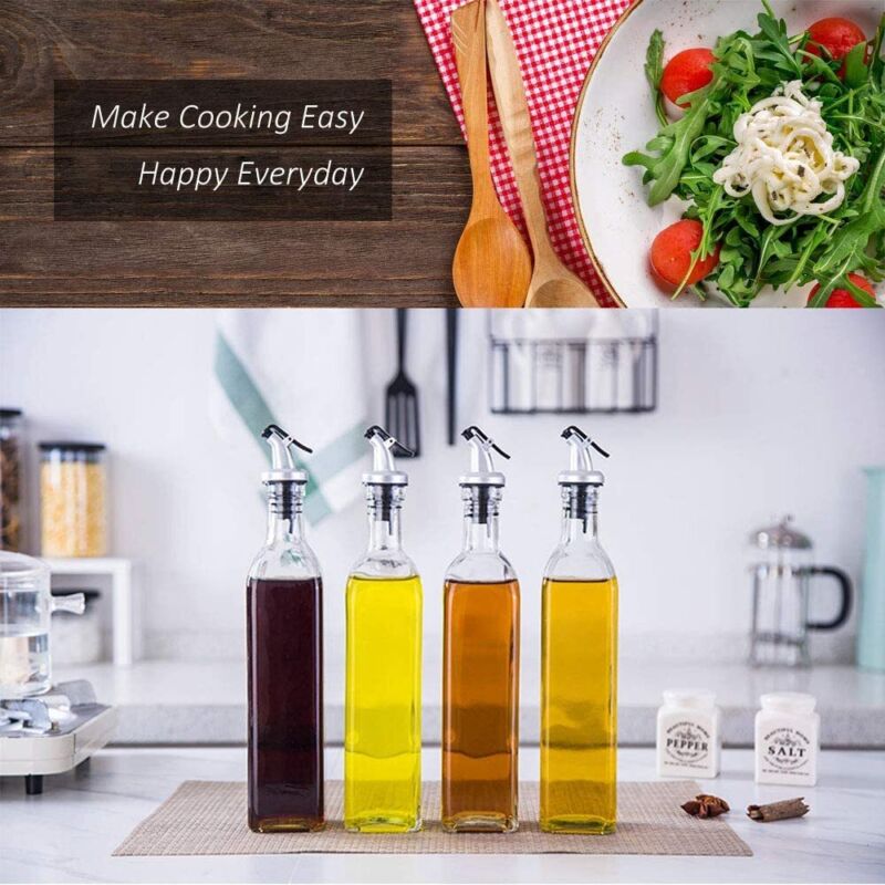 Glass Oil and Vinegar Cruet Set with Lever Release Spout and Airtight Stoppers, 4-Pack