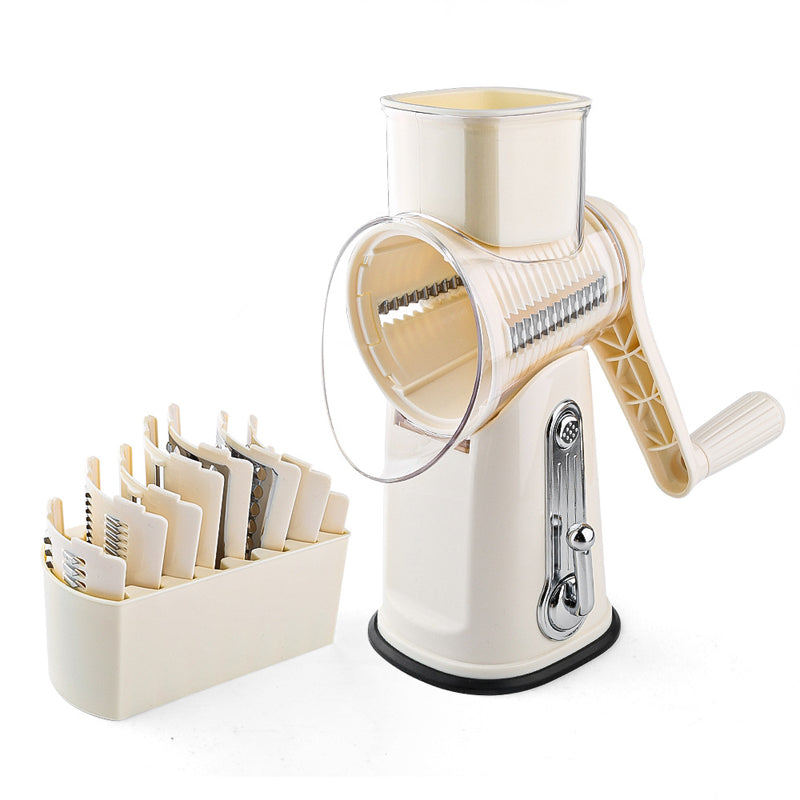 Rotary Food Shredder with Interchangeable Drums and Suction Base, Hand Crank
