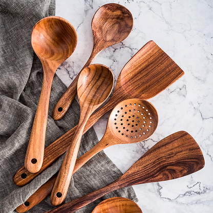 Teak Wood Cooking Utensil Set with Heat-Resistant Handles for Nonstick Cookware, 8-Piece