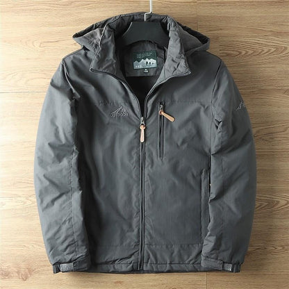 Windproof Hooded Jacket with Insulated Lining and Drawstring Hood, Two Zip Pockets