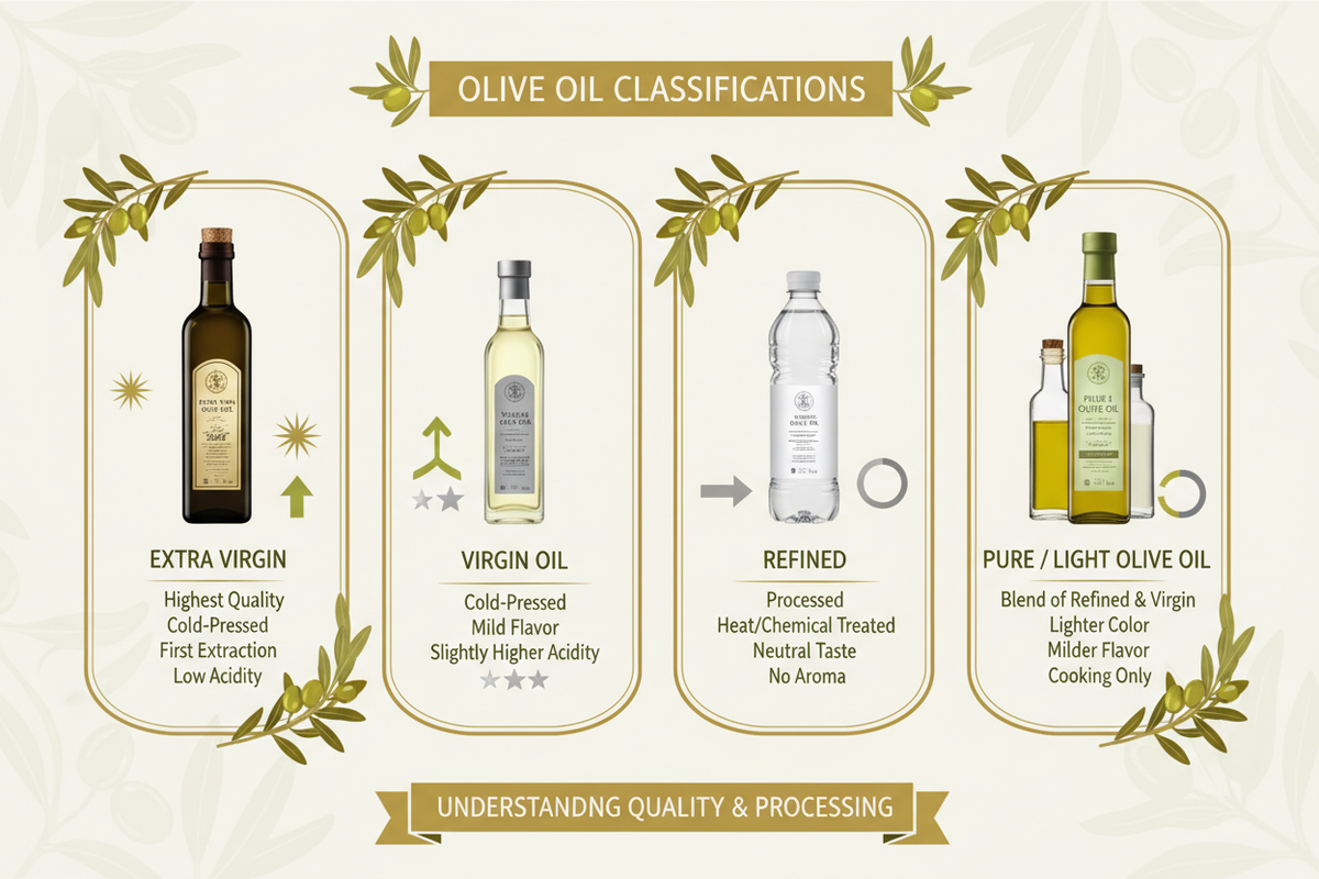 Understanding the different types of olive oil helps you choose the right one for your needs. The main categories are based on processing methods and quality standards.