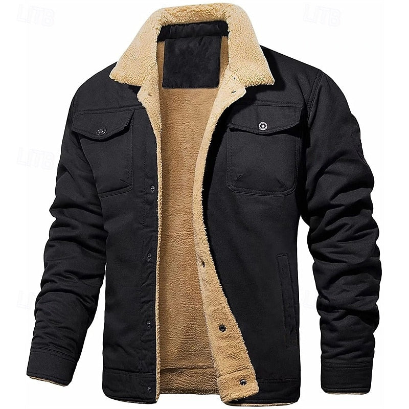Plush Lined Trucker Jacket with Adjustable Collar and Four Pockets