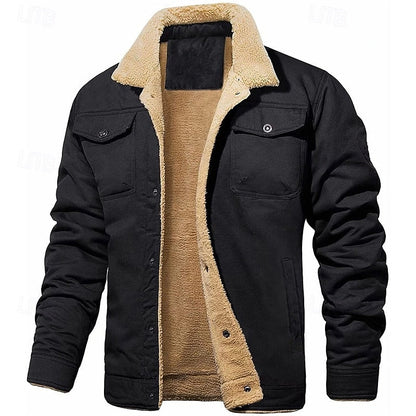 Plush Lined Trucker Jacket with Adjustable Collar and Four Pockets