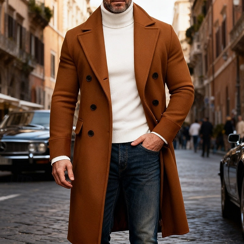 Double Breasted Overcoat with Tailored Fit and Front Pockets, Long Length