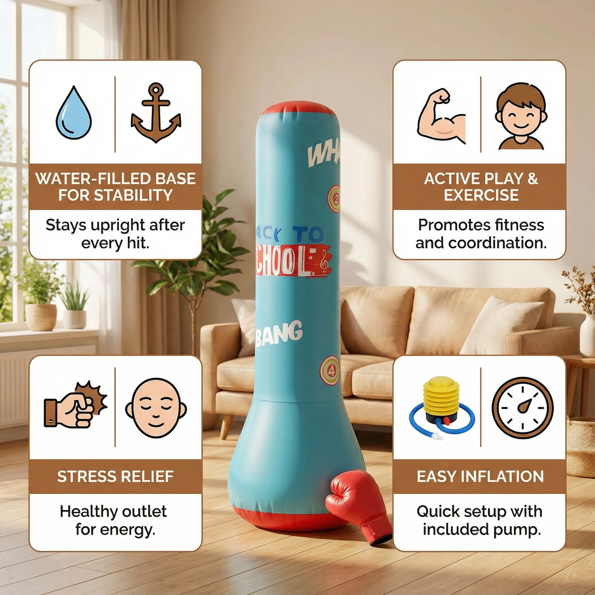 Inflatable Punching Bag for Kids with Water-Filled Base and Self-Righting Action