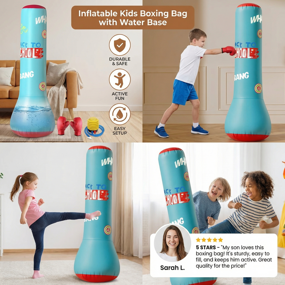 Inflatable Punching Bag for Kids with Water-Filled Base and Self-Righting Action