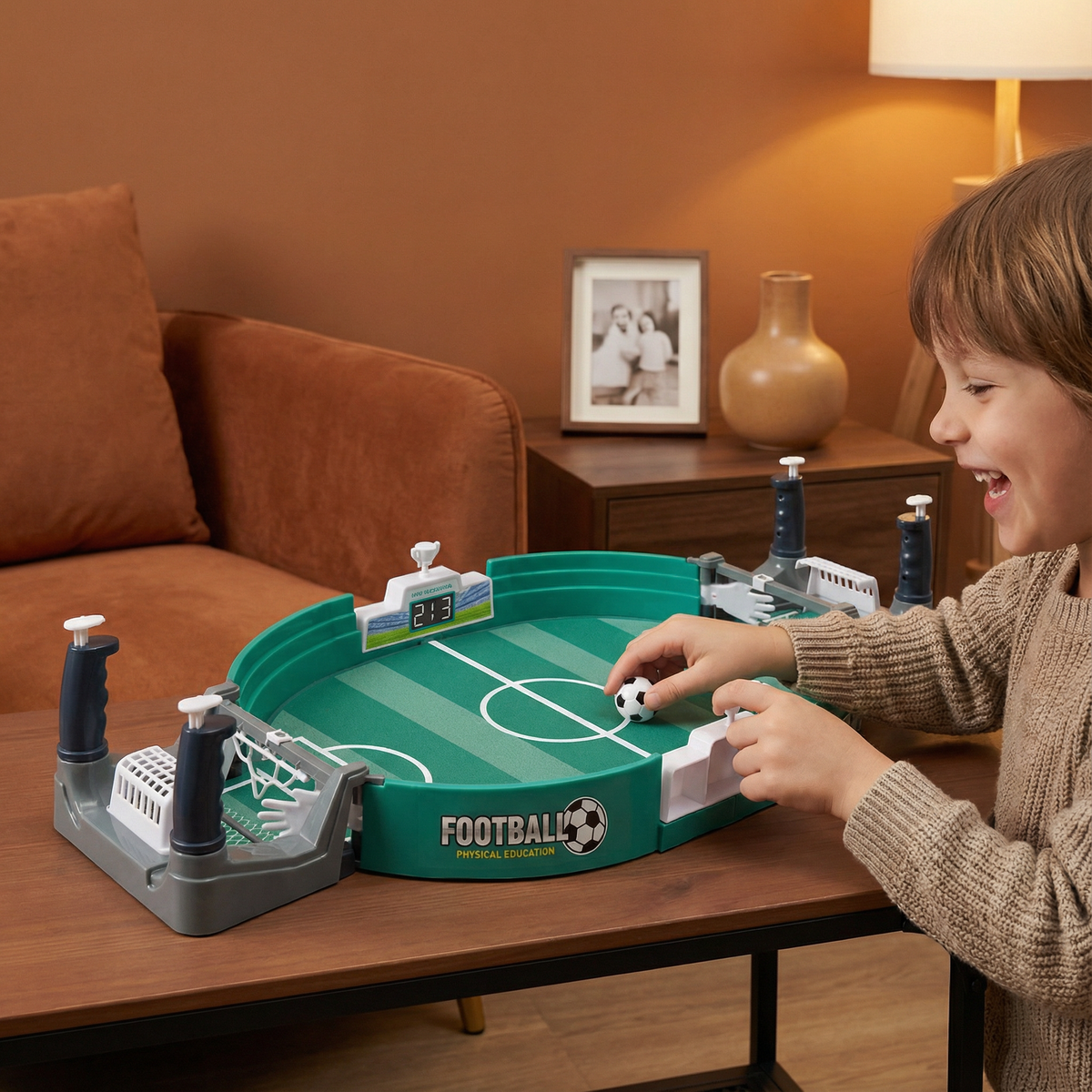 Tabletop Football Game with Sliding Rod Controls and Built-in Scoreboard
