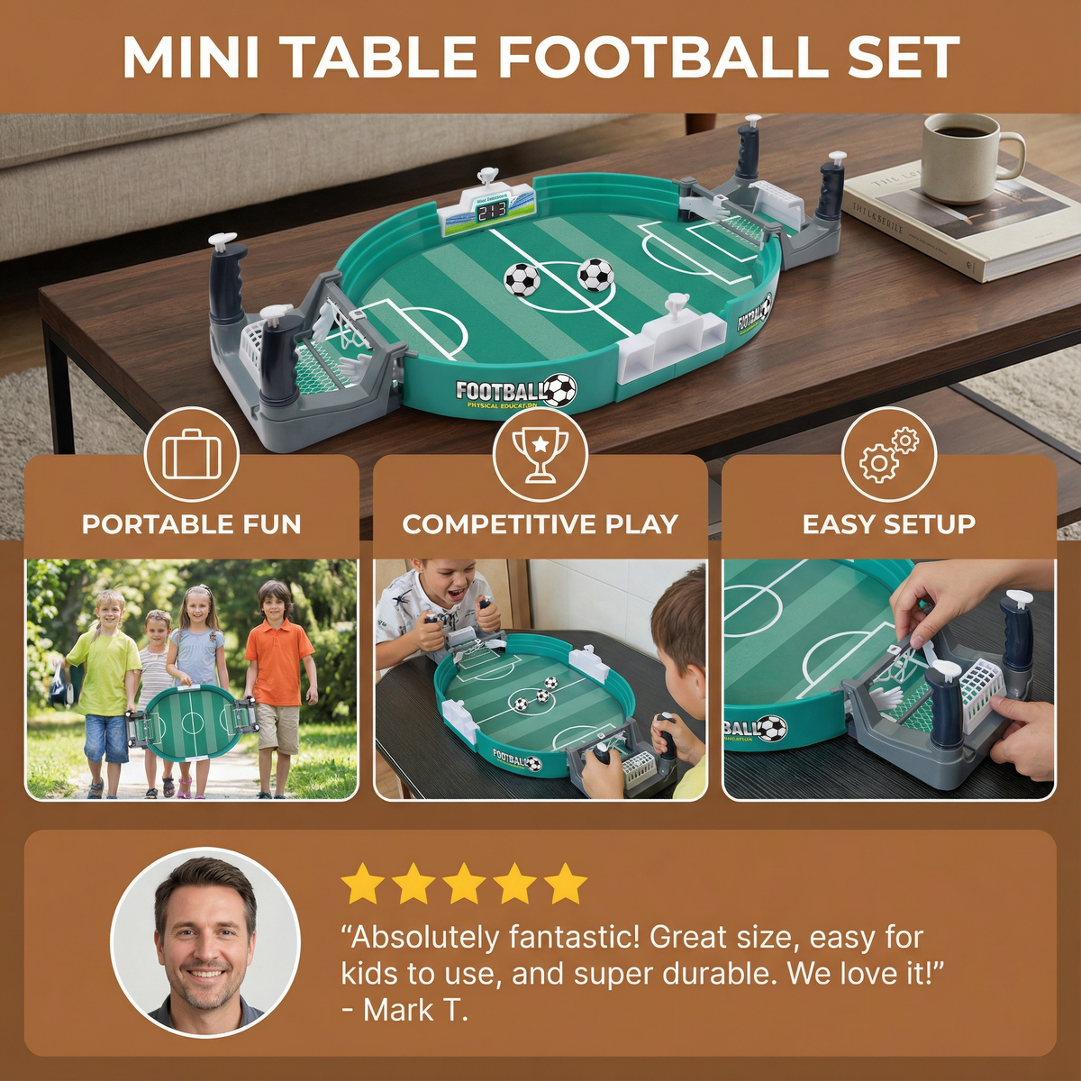 Tabletop Football Game with Sliding Rod Controls and Built-in Scoreboard